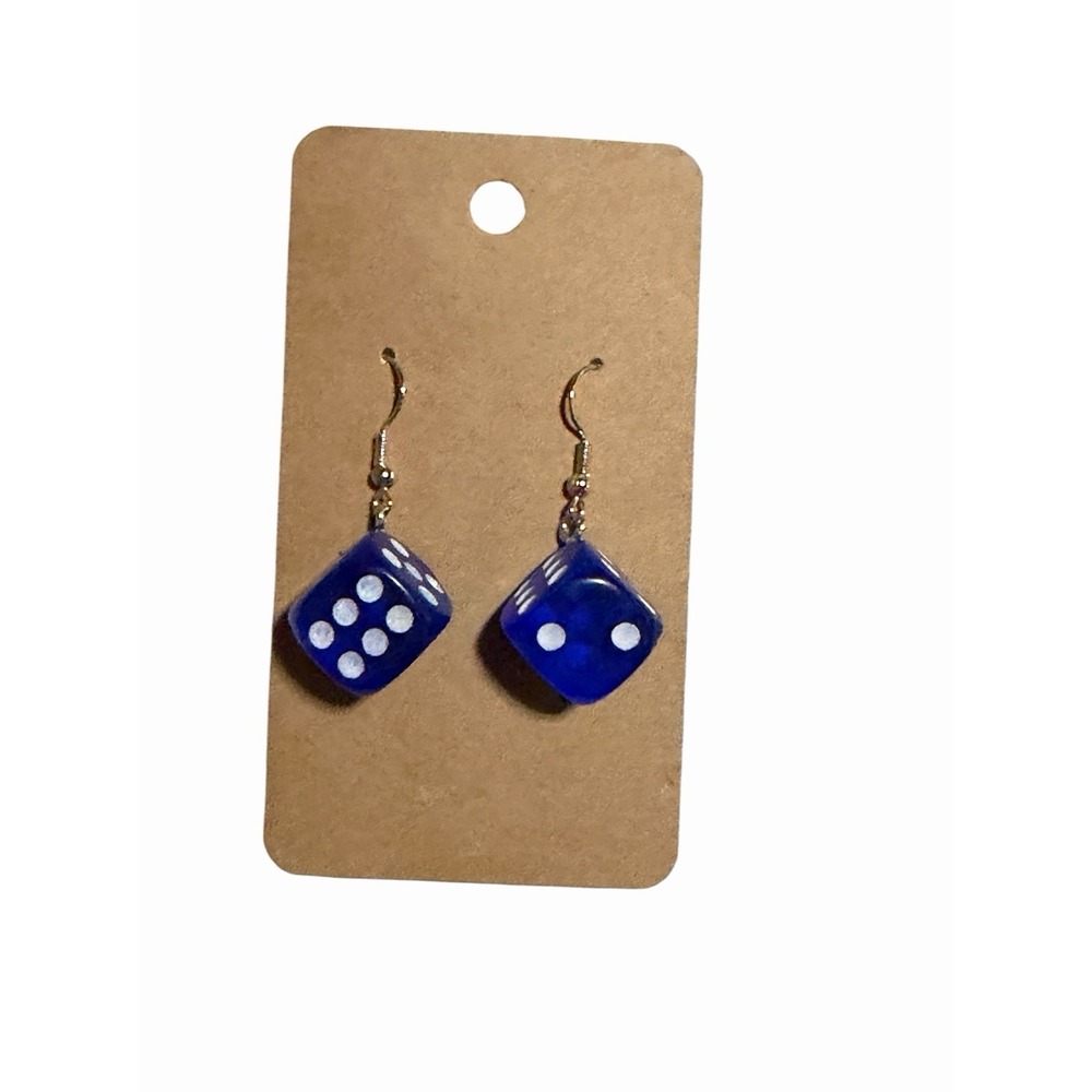 Blue Translucent Dice Dangle Earrings Gold‎ Tone Fishhook Novelty Kitsch Jewelry